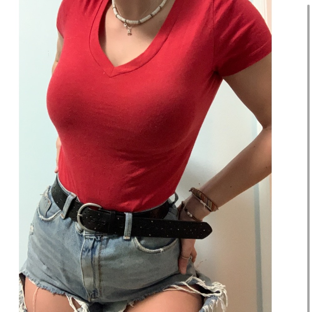 Simple Red V Neck T Shirt